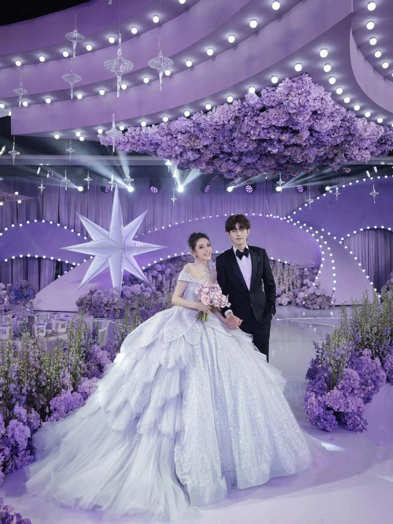 Romantic Blue Wedding Dress with Purple Wedding Decorations