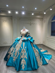Ostty Peacock Blue Quinceañera Dress with Gold Embroidery and Layered Train OST-QN064-25 (Wholesale)