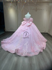 Ostty Sweet Pink Puff Sleeve Quinceañera Dress with Embroidered Tulle and Bow Back OST-QN058-25 (Wholesale)