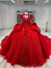 Ostty Radiant Red Quinceañera Dress with High Neck and Full Embroidered Train OST-QN069-25 (Wholesale)