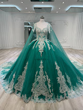 Ostty Emerald Silver Quinceañera Dress with Baroque Embroidery and Cape OST-QN071-25 (Wholesale)