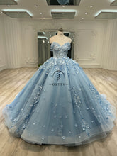 Ostty Sky Blue 3D Floral Quinceañera Dress with Off-Shoulder Bodice and Detachable Cape OST-QN073-25 (Wholesale)