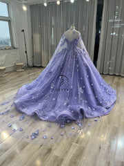 Ostty Lavender Off-Shoulder Quinceañera Dress with 3D Floral Appliqué and Detachable Cape OST-QN074-25 (Wholesale)