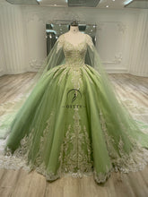 Ostty Sage Quinceañera Dress with Beaded Appliqués and Royal Cape Train OST-QN072-25 (Wholesale)