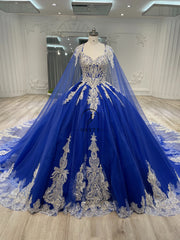 Ostty Royal Blue Silver Quinceañera Dress with Embroidered Cape and Sparkling Lace OST-QN072-25 (Wholesale)