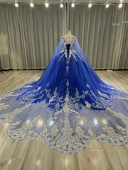 Ostty Royal Blue Silver Quinceañera Dress with Embroidered Cape and Sparkling Lace OST-QN072-25 (Wholesale)