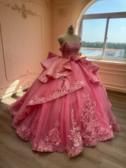 Ostty Rose Pink Quinceañera Dress with Embroidered Tulle Skirt and Oversized Bow OST-QN078-25 (Wholesale)