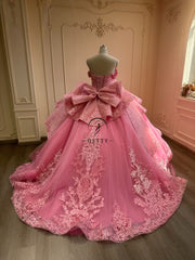 Ostty Rose Pink Quinceañera Dress with Embroidered Tulle Skirt and Oversized Bow OST-QN078-25 (Wholesale)