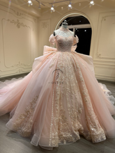 Ostty Blush Gold Quinceañera Dress with High Neck and Puff Sleeves OST-QN017-25 (Wholesale)