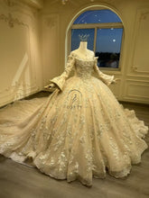 Ostty Champagne Long Sleeve Quinceañera Dress with Royal Train and Embroidered Bell Cuffs OST-QN034-25 (Wholesale)
