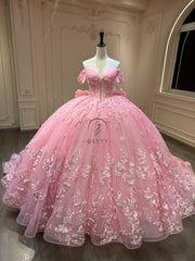 Ostty Pink Butterfly Appliqué Quinceañera Dress with Off Shoulder Sleeves OST-QN021-25 (Wholesale)