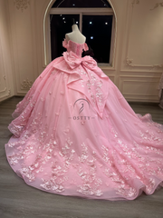 Ostty Pink Butterfly Appliqué Quinceañera Dress with Off Shoulder Sleeves OST-QN021-25 (Wholesale)