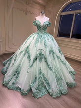 Ostty Green Floral Appliqué Quinceañera Dress with Off Shoulder Sleeves OST-QN022-25 (Wholesale)