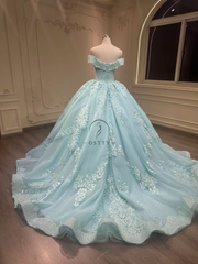 Ostty Blue Off Shoulder Quinceañera Dress with Lace Embroidery OST-QN023-25 (Wholesale)