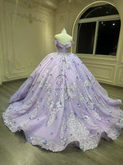 Ostty Lilac 3D Floral Quinceañera Dress with Off Shoulder Sleeves OST-QN027-25 (Wholesale)
