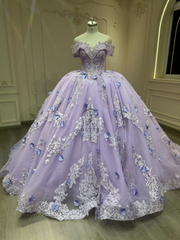 Ostty Lilac 3D Floral Quinceañera Dress with Off Shoulder Sleeves OST-QN027-25 (Wholesale)