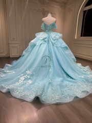 Ostty Blue Quinceañera Dress with Off Shoulder Sleeves and Layered Skirt OST-QN029-25 (Wholesale)