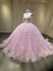 Ostty Pink Floral Lace Quinceañera Dress with Spaghetti Straps OST-QN025-25 (Wholesale)