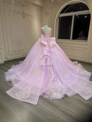 Ostty Pink Floral Lace Quinceañera Dress with Spaghetti Straps OST-QN025-25 (Wholesale)