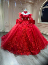 Ostty Red Quinceañera Dress with Puffy Sleeves and Statement Bow OST-QN028-25 (Wholesale)