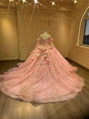 Ostty Pink Off Shoulder Quinceañera Dress with Gold Lace and Puffy Sleeves OST-QN030-25 (Wholesale)