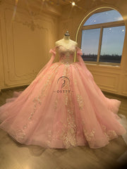 Ostty Pink Off Shoulder Quinceañera Dress with Gold Lace and Puffy Sleeves OST-QN030-25 (Wholesale)