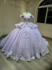 Ostty Lilac Quinceañera Dress with Layered Skirt and Silver Embroidery OST-QN035-25 (Wholesale)