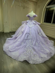 Ostty Lilac Quinceañera Dress with Layered Skirt and Silver Embroidery OST-QN035-25 (Wholesale)