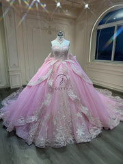 Ostty Pink 3D Floral Quinceañera Dress with Glitter Tulle and Bow Back OST-QN055-25 (Wholesale)