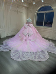 Ostty Pink 3D Floral Quinceañera Dress with Glitter Tulle and Bow Back OST-QN055-25 (Wholesale)