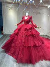 Ostty Red Long Sleeve Quinceañera Dress with Royal Layers and Open Back Bow OST-QN036-25 (Wholesale)
