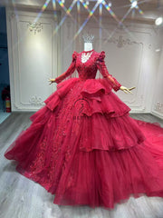 Ostty Red Long Sleeve Quinceañera Dress with Royal Layers and Open Back Bow OST-QN036-25 (Wholesale)
