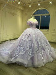Ostty Lilac Quinceañera Dress with Off Shoulder Sleeves and Floral Embroidery OST-QN035-25 (Wholesale)