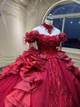 Ostty Red Quinceañera Dress with 3D Floral Sleeves and Layered Ruffle Skirt OST-QN036-25 (Wholesale)