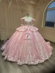 Ostty Pink Sweetheart Quinceañera Dress with Ruffled Peplum and Embroidered Skirt OST-QN038-25 (Wholesale)