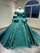 Ostty Emerald Green Satin Quinceañera Dress with Embroidered Front Panel and Layered Bow OST-QN054-25 (Wholesale)