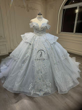 Ostty Silver White Off-Shoulder Quinceañera Dress with Sparkling Sequins and Royal Train OST-QN044-25 (Wholesale)