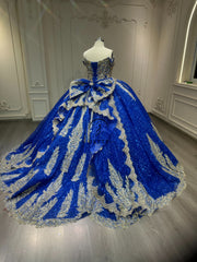 Ostty Royal Blue Quinceañera Dress with Cape Overlay and Metallic Embroidery OST-QN040-25 (Wholesale)