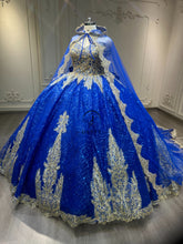 Ostty Royal Blue Quinceañera Dress with Cape Overlay and Metallic Embroidery OST-QN040-25 (Wholesale)
