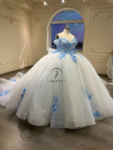 Ostty White and Blue Floral Quinceañera Dress with 3D Flowers and Long Train OST-QN041-25 (Wholesale)