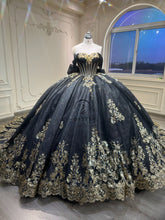 Ostty Black and Gold Quinceañera Dress with Glitter Embroidery and Royal Train OST-QN042-25 (Wholesale)