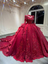 Ostty Royal Red Long Sleeve Quinceañera Dress with High Neck Embroidery and Dramatic Train OST-QN044-25 (Wholesale)