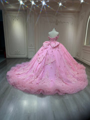 Ostty Pink Quinceañera Dress with Floral Appliqués and Fluffy Hem OST-QN043-25 (Wholesale)
