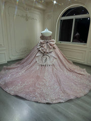 Ostty Pink Glitter Quinceañera Dress with Floral Bodice and Oversized Bow OST-QN046-25 (Wholesale)