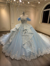 Ostty Baby Blue Glitter Quinceañera Dress with Sequin Embellishments and Floral Sleeves OST-QN047-25 (Wholesale)
