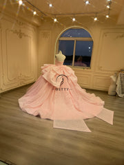 Ostty Soft Pink Glitter Quinceañera Dress with Layered Ruffle Skirt and Bow Back OST-QN049-25 (Wholesale)
