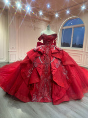 Ostty Classic Red Ruffled Quinceañera Dress with Layered Tulle and Embroidered Train OST-QN050-25 (Wholesale)