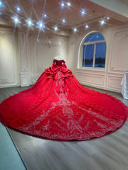 Ostty Classic Red Ruffled Quinceañera Dress with Layered Tulle and Embroidered Train OST-QN050-25 (Wholesale)