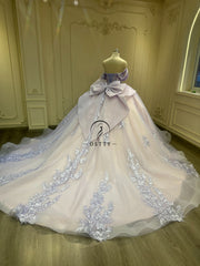 Ostty Lavender Lilac Tulle Quinceañera Dress with 3D Floral Appliqué and Big Bow OST-QN051-25 (Wholesale)