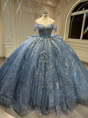 Ostty Blue Glitter Quinceañera Dress with Silver Lace and Giant Bow Train OST-QN032-25 (Wholesale)